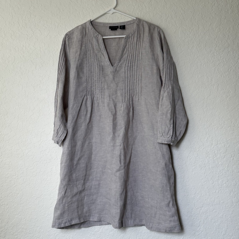 Tahari Dress Womens Medium 100% Linen Pintuck Preppy 3/4 Sleeves Resort Beach
